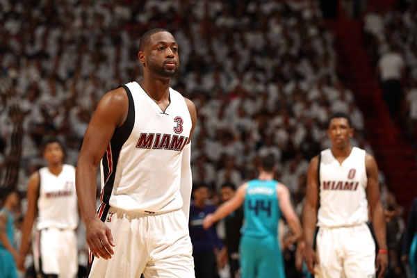 MIAMI, FL - APRIL 20: Dwyane Wade #3 of the Miami Heat during Game Two of the Eastern Conference Quarterfinals during the 2016 NBA Playoffs against the Charlotte Hornets on April 20, 2016 at American Airlines Arena in Miami, Florida. NOTE TO USER: User expressly acknowledges and agrees that, by downloading and or using this Photograph, user is consenting to the terms and conditions of the Getty Images License Agreement. Mandatory Copyright Notice: Copyright 2016 NBAE   Issac Baldizon/NBAE via Getty Images/AFP