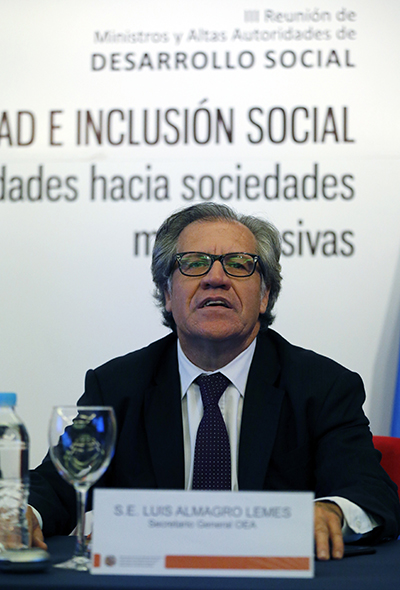 OAS General Secretary Luis Almagro takes part in the third meeting of Social Development Ministers or III REMDES, in Asuncion, Paraguay, Wednesday, July 13, 2016. The ministers and other authorities are meeting to discuss the theme, "Equity and Social Inclusion: Overcoming inequalities for more inclusive societies."  (AP Photo/Jorge Saenz)