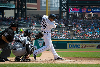 DETROIT, MI - AUGUST 04: Miguel Cabrera #24 of the Detroit Tigers hits a single in the first inning during a MLB game against the Chicago White Sox at Comerica Park on August 4, 2016 in Detroit, Michigan.   Dave Reginek/Getty Images/AFP