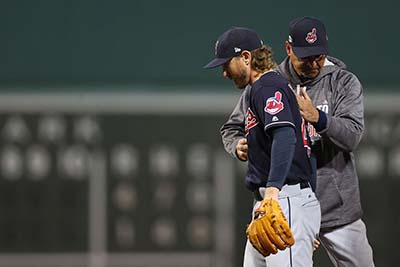 BOSTON, MA - OCTOBER 10: Josh Tomlin #43 of the Cleveland Indians is relieved by manager Terry Francona in the sixth inning against the Boston Red Sox during game three of the American League Divison Series at Fenway Park on October 10, 2016 in Boston, Massachusetts.   Maddie Meyer/Getty Images/AFP